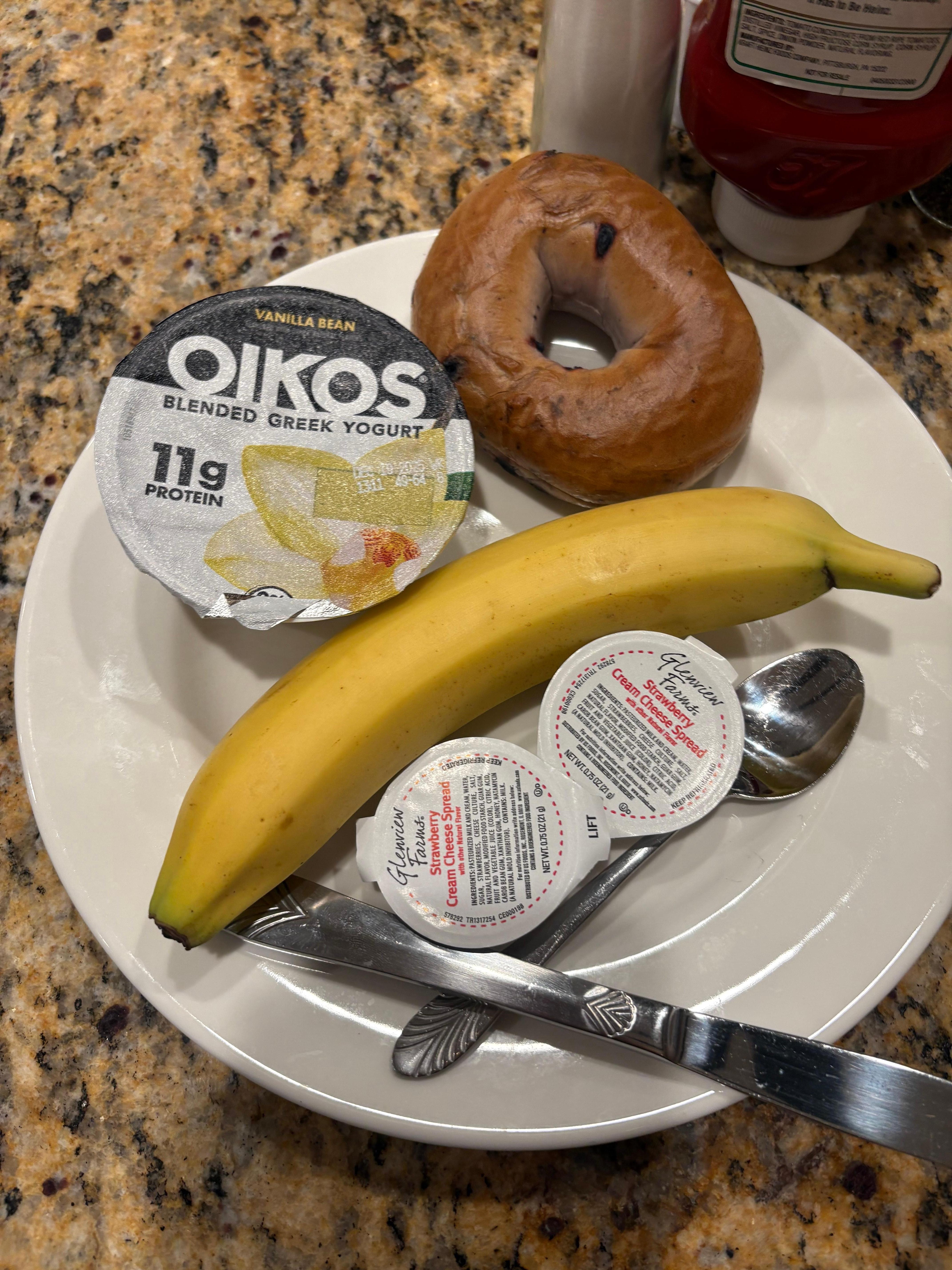 The breakfast is $16.99 and I believe that is too high so eggs and bacon with bread and fruits as the all you can it. The bagel on this plate was hard as a rock. Thankfully my breakfast was included with my room otherwise I would have not went there 
