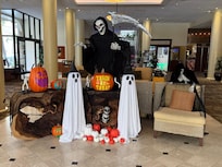 Lobby decorated for Halloween
