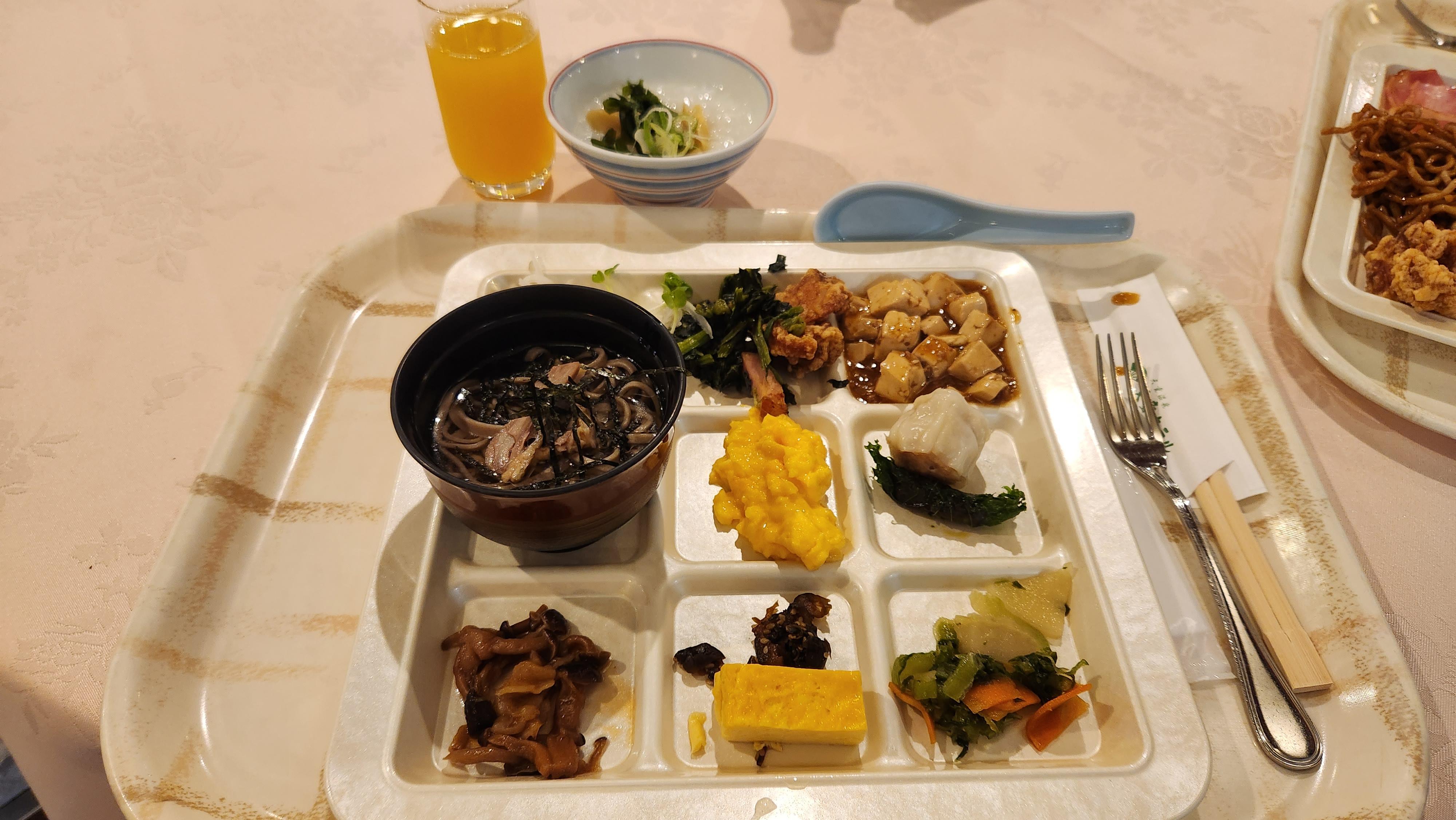 Breakfast buffet sample, try the miso wrapped shishiso pepper with rice of porridge.