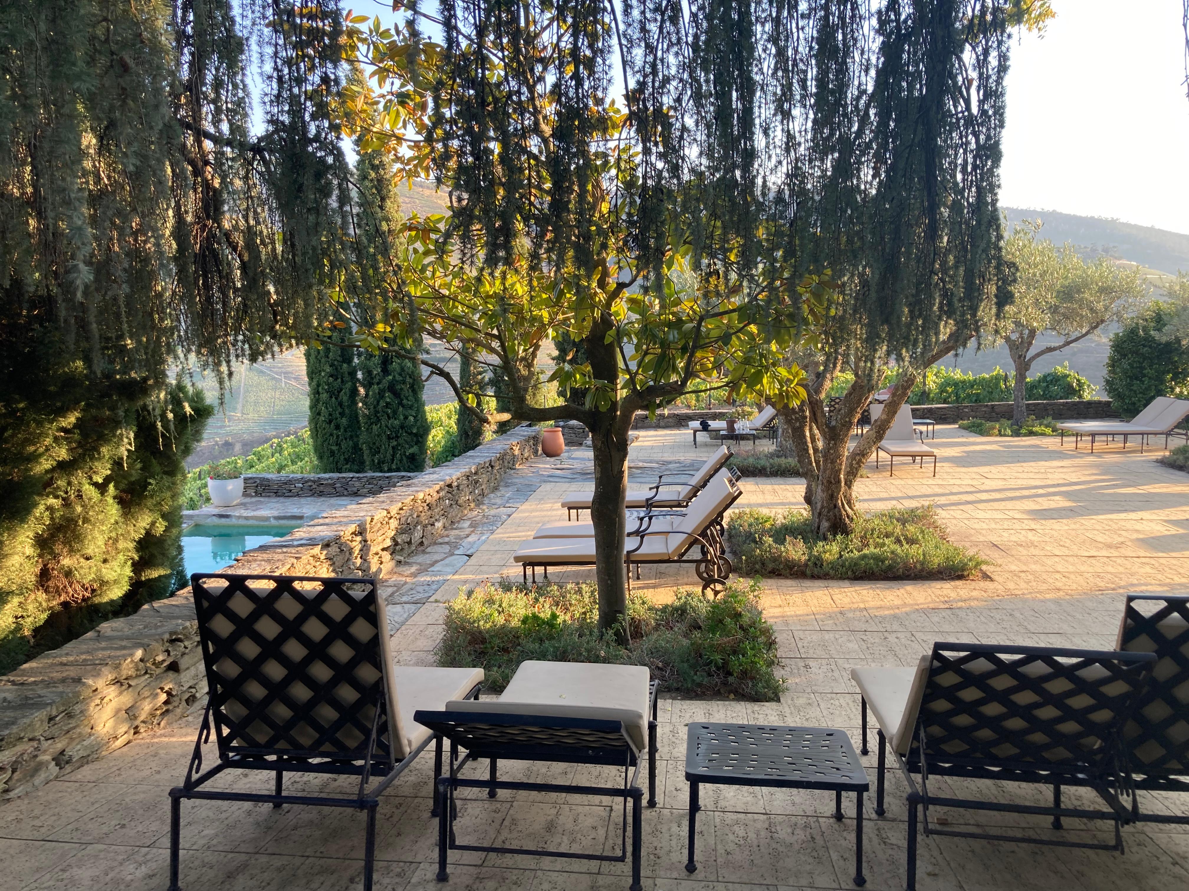 Courtyard next to the pool with lounge chairs. 