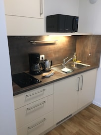 Kitchen area fully equipped including a fridge