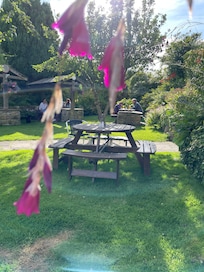 The lovely beer garden full of mature trees, shrubs and plants