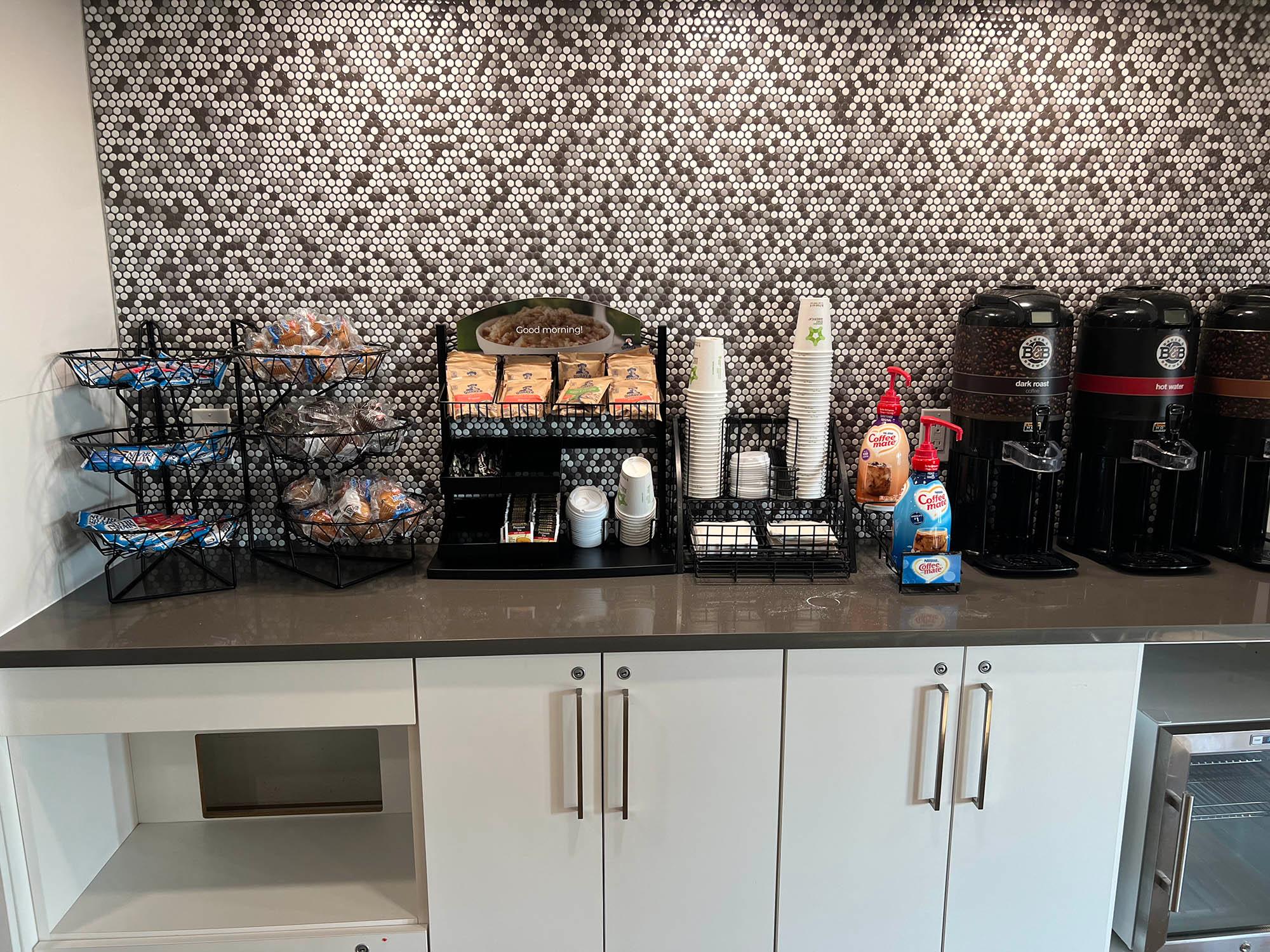 The breakfast buffet. start your day with a granola bar and warm coffee.