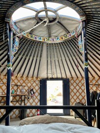 Inside the blue yurt