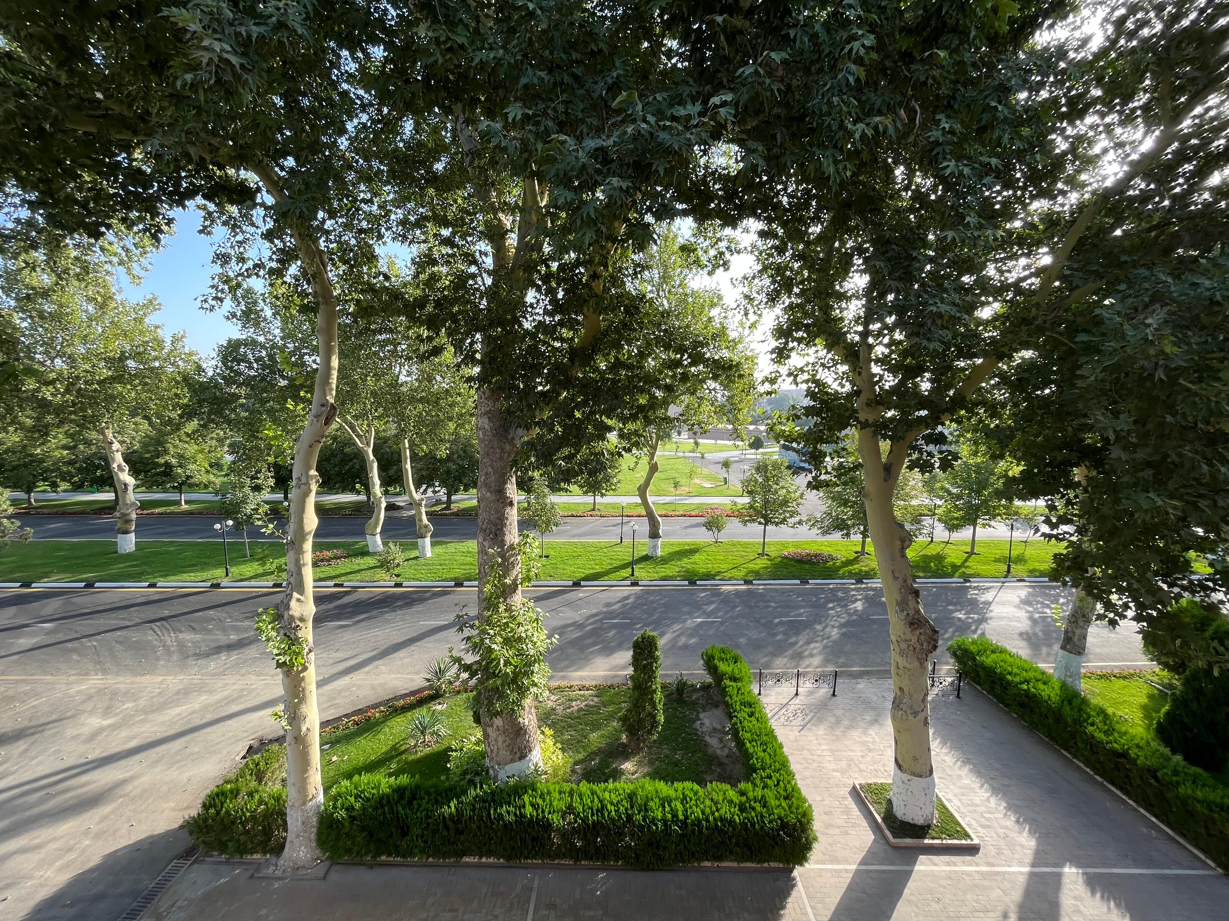 The beautiful green spaces in front of the hotel.