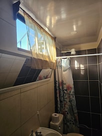 Anyone walking up the stairs outside can see into the bathroom.