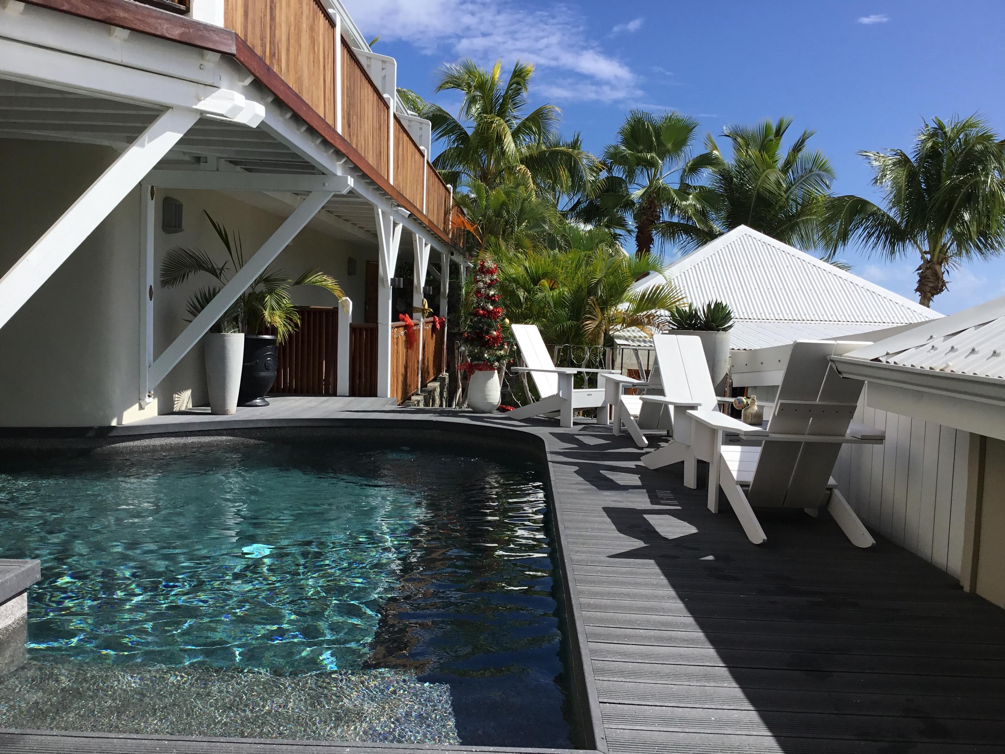 The quiet pool, from the shaded sitting area 