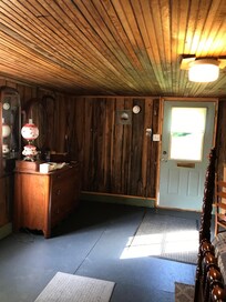 Our room, with tongue-in-groove ceiling, just like my grandmother’s farm