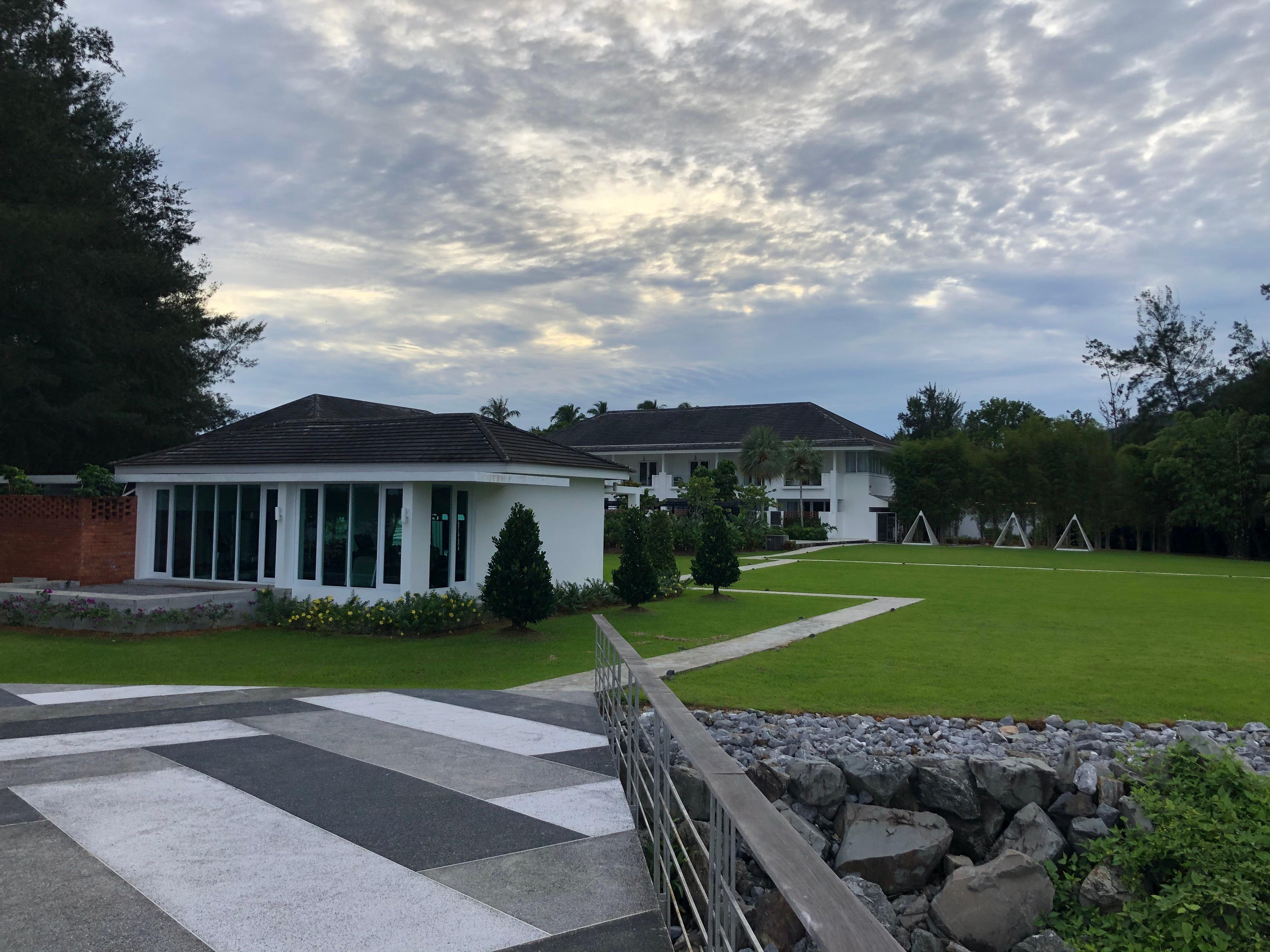 View from pool back to resort (gym room)