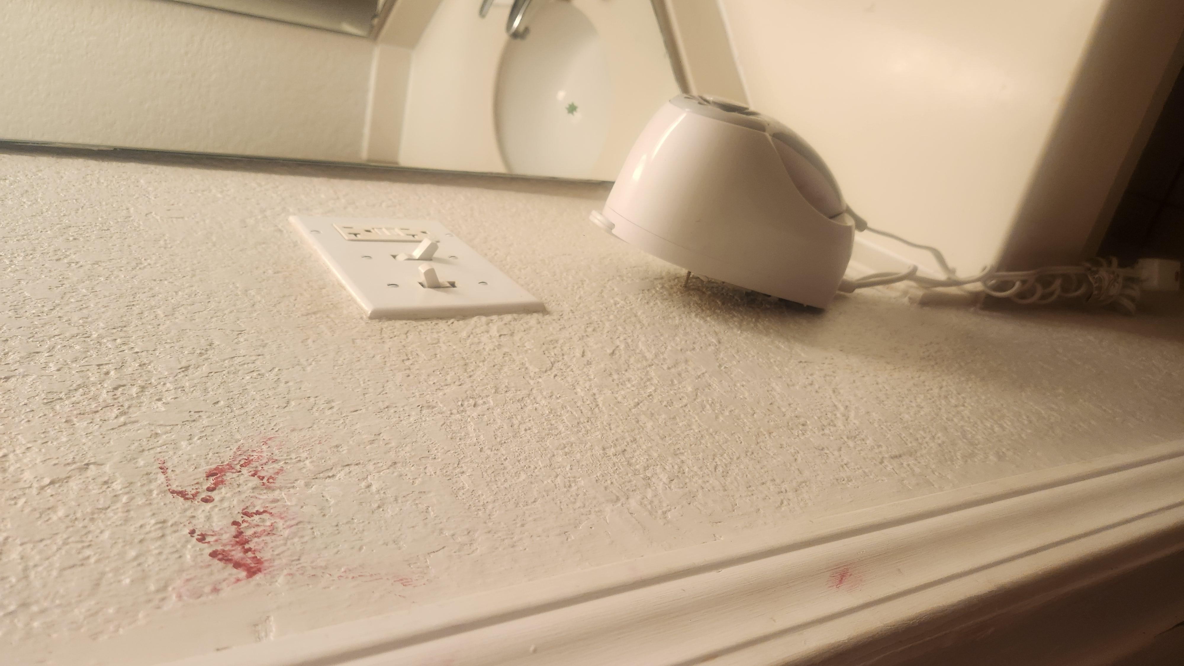 Nail polish stained walls and a broken hair dryer hanging on by a literal nail.