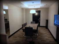 The living room provided a spacious working/conference table.