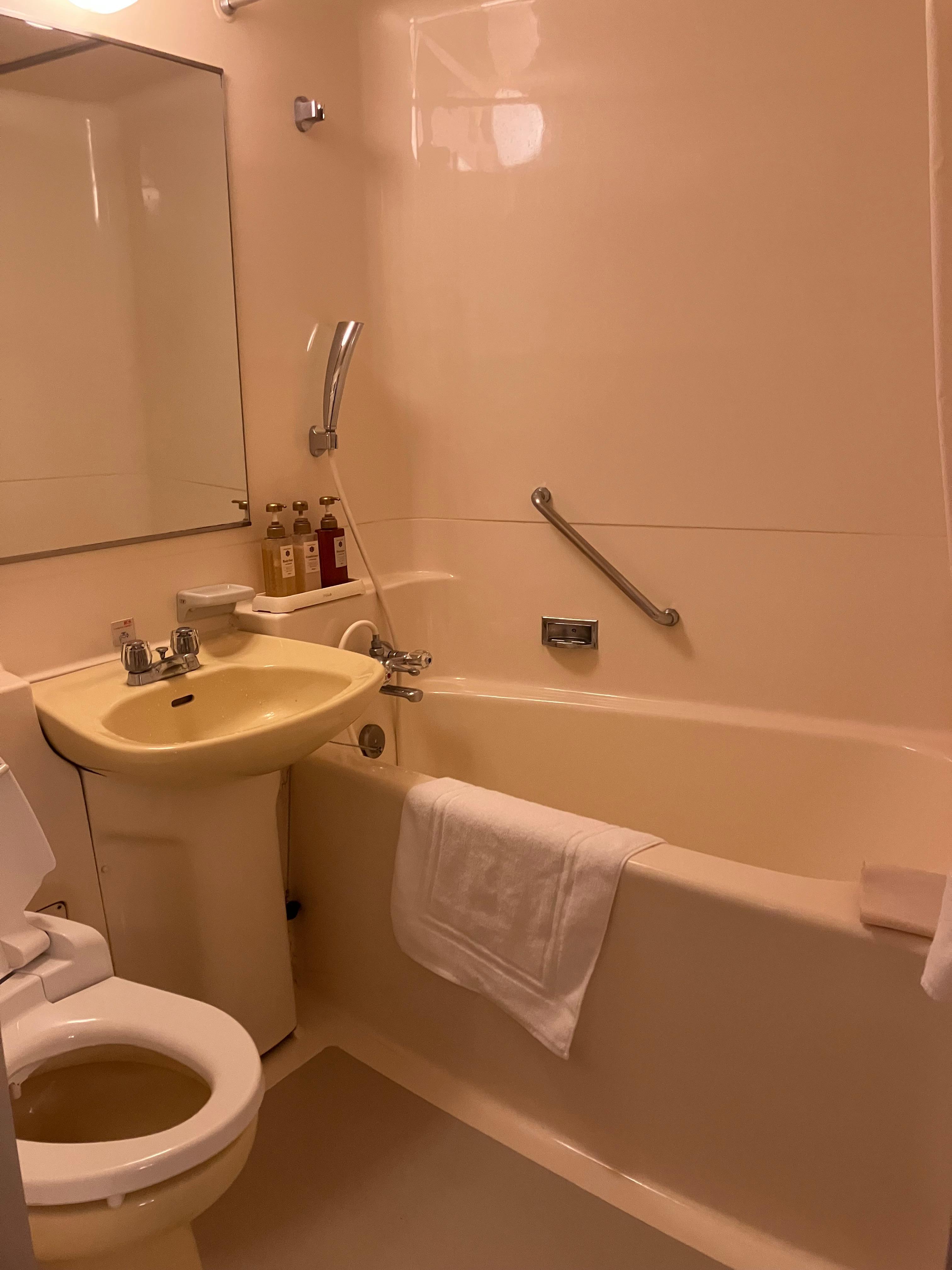 The bathroom that looks like a cheap motel or even worse 