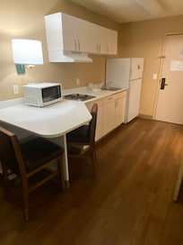 Good kitchen space. No oven though.