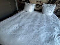 收拾完之後,床更加皺了,枕頭也亂亂的,揭開被子之後有頭髮