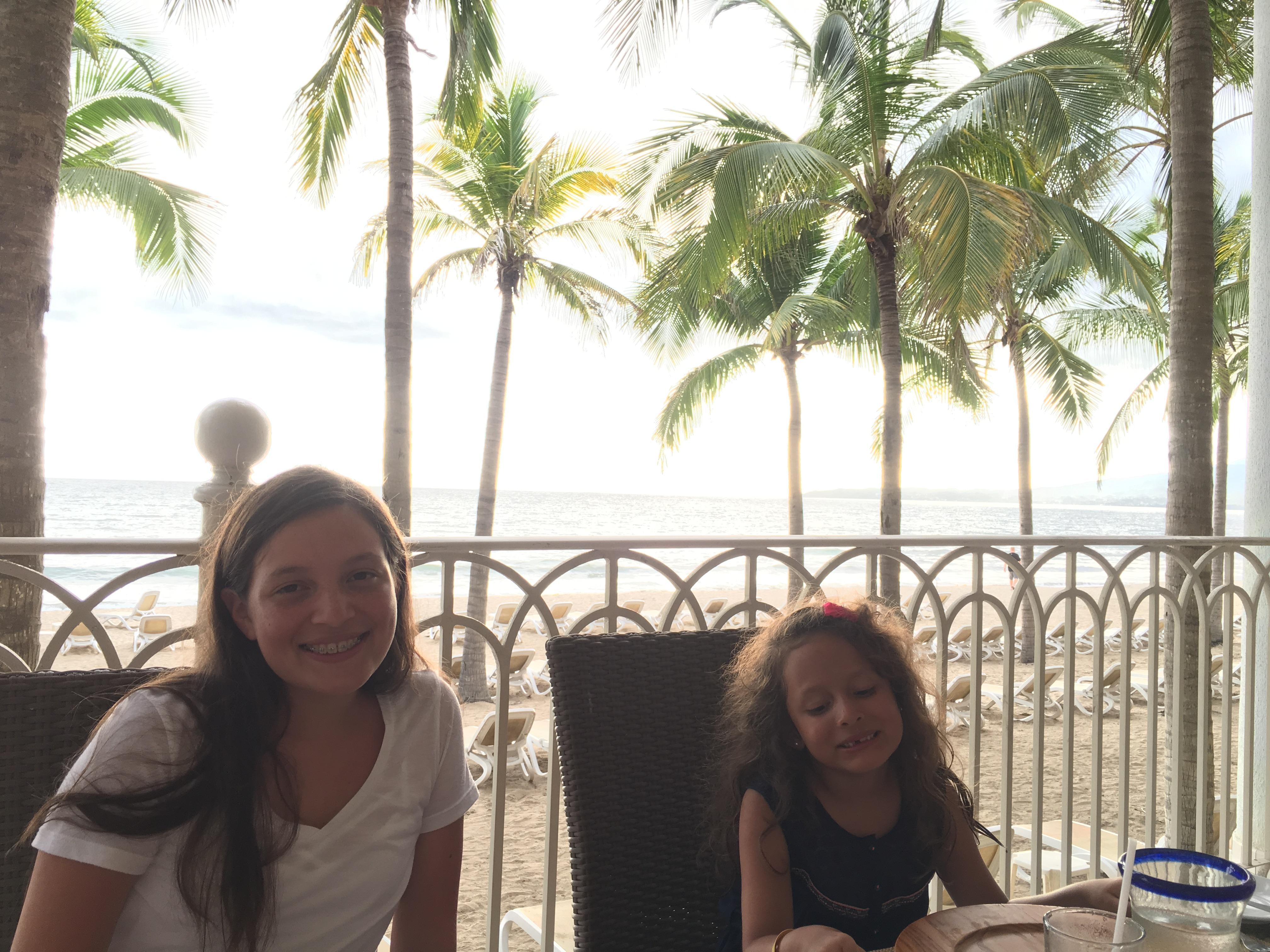 Eating dinner, ocean view.