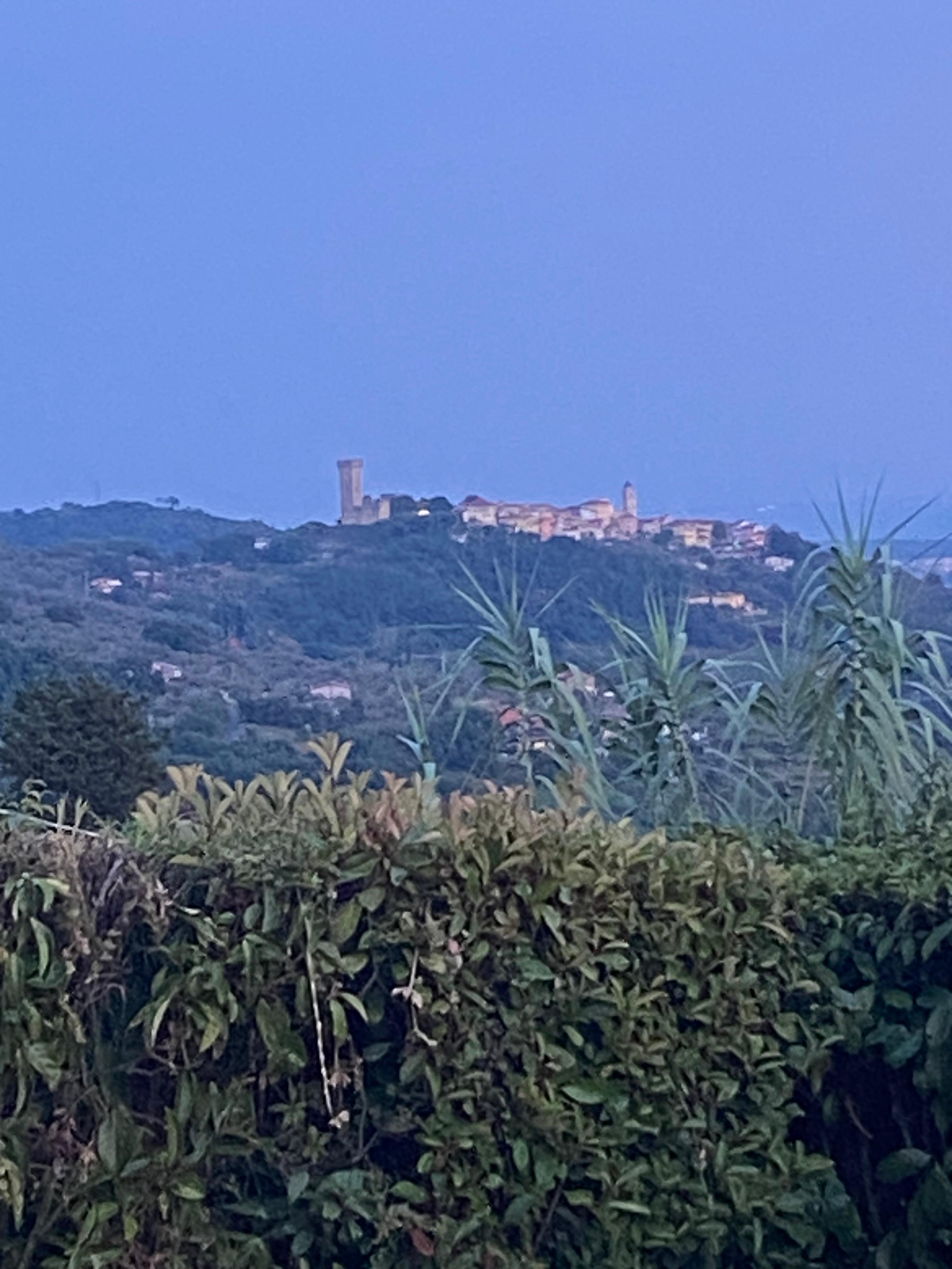 Dorpje met toren en kasteel ruïne zichtbaar vanuit Hotel. Een 5,5km wandelen 