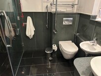 Spacious bathroom. Toilet seat placement was ”innovative…”