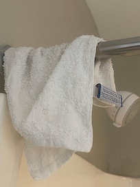 This was left from the previous tenant. Dirty towel with hair on it. There was hair in the shower wall too.