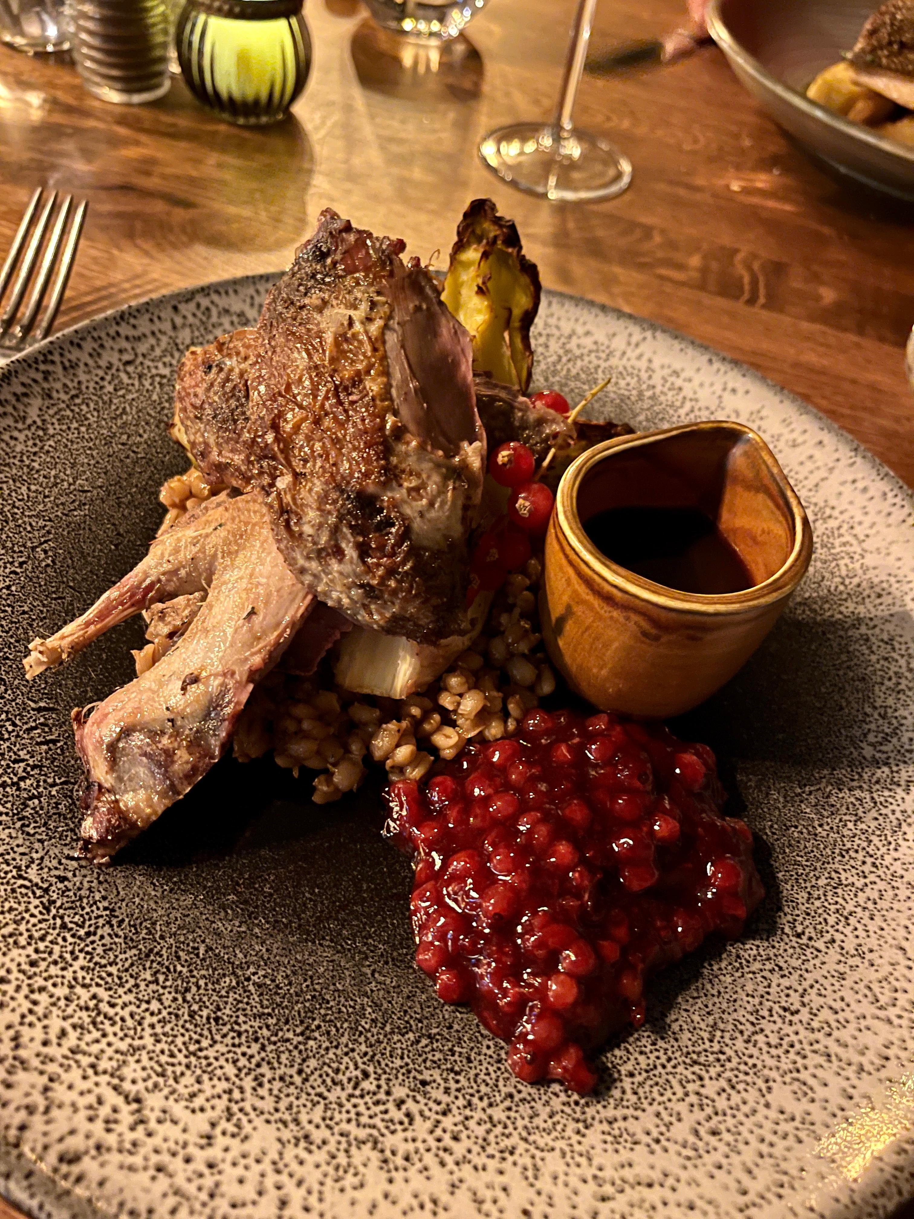 Local shot grouse on a bed of pearl barley with Hispi cabbage and Yorkshire relish