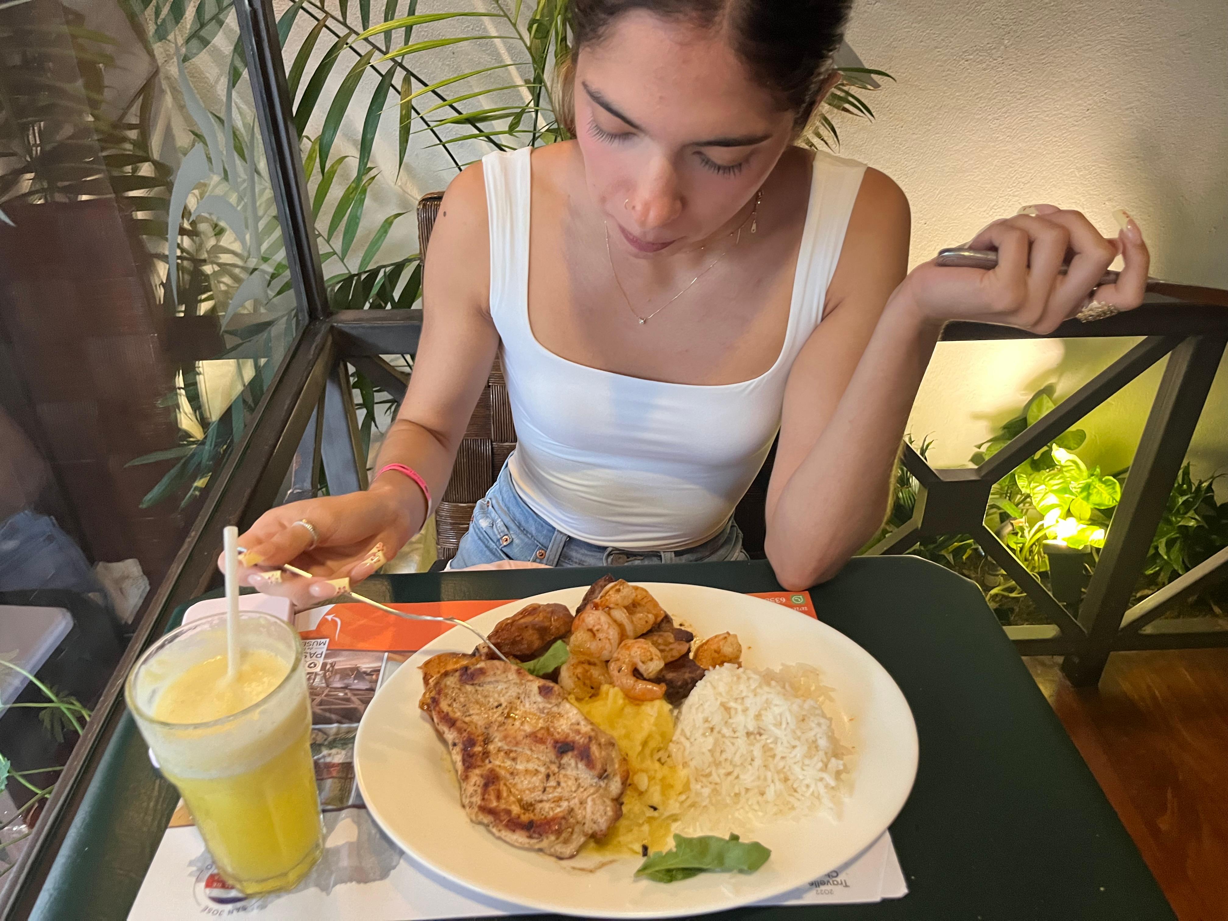 Lunch at the hotel, chicken white rice, shrimp she had the works