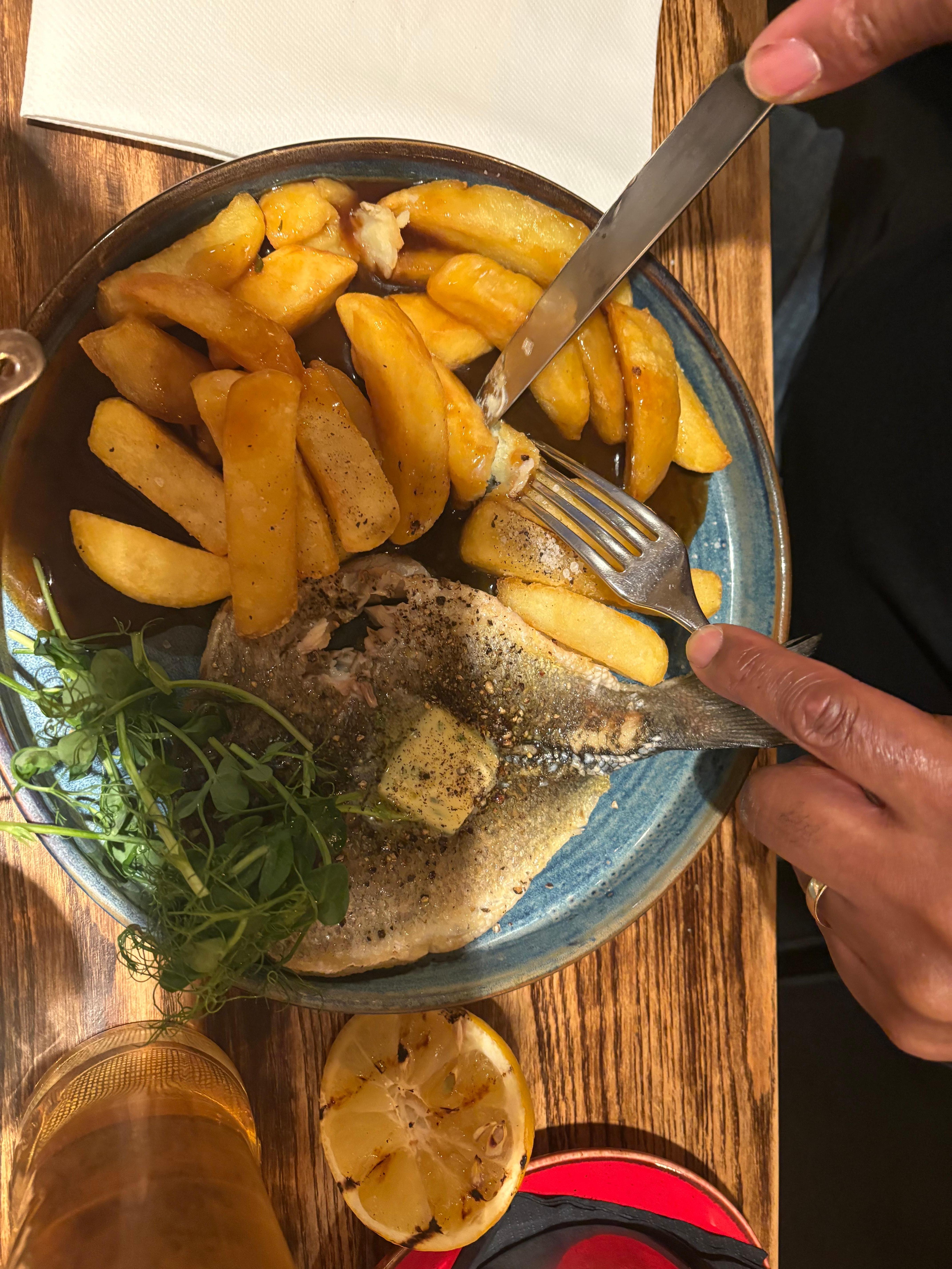 Sea bass , chunky chips absolutely delicious 