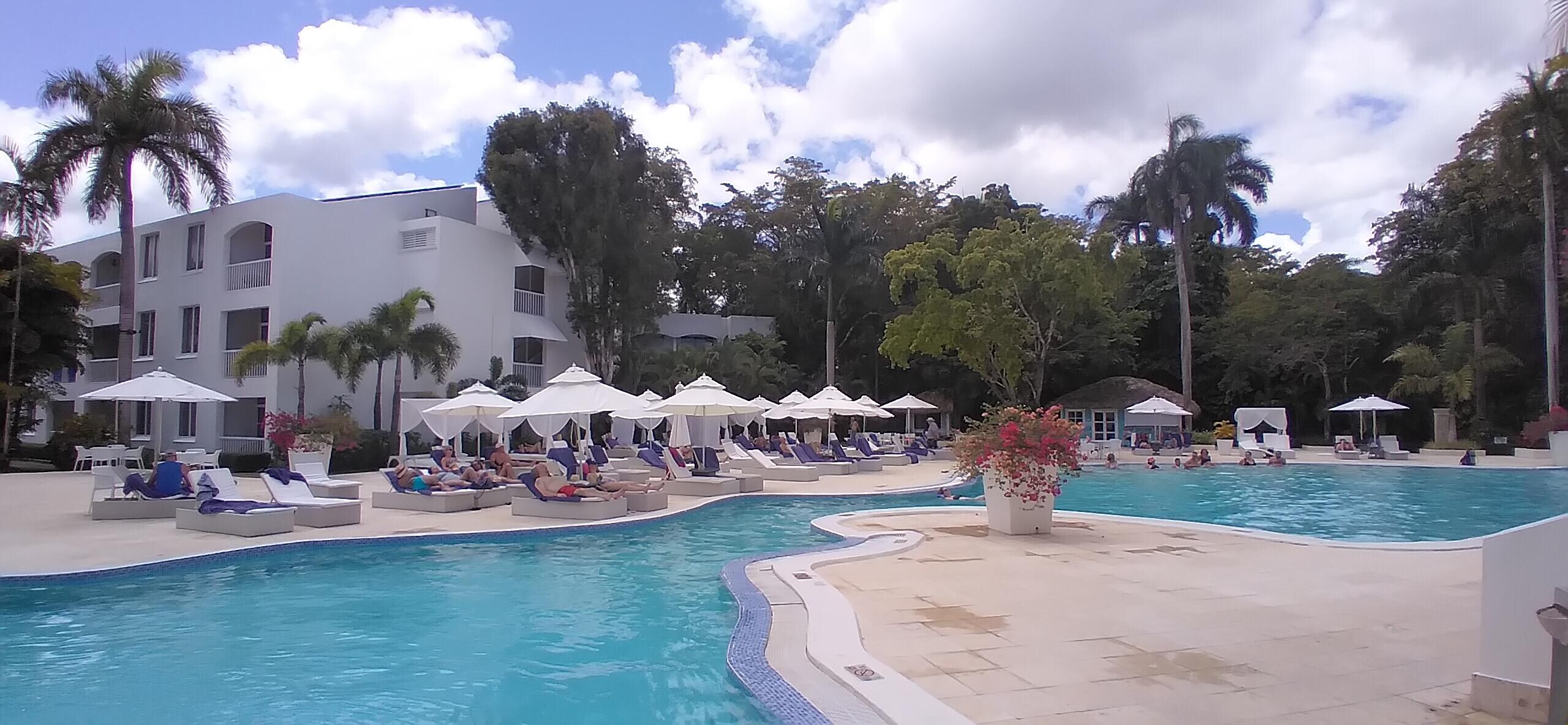 Pool side and sunny skies.