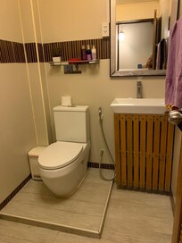 Salle d’eau (écoulement de la douche sous le lavabo = pataugeoire)