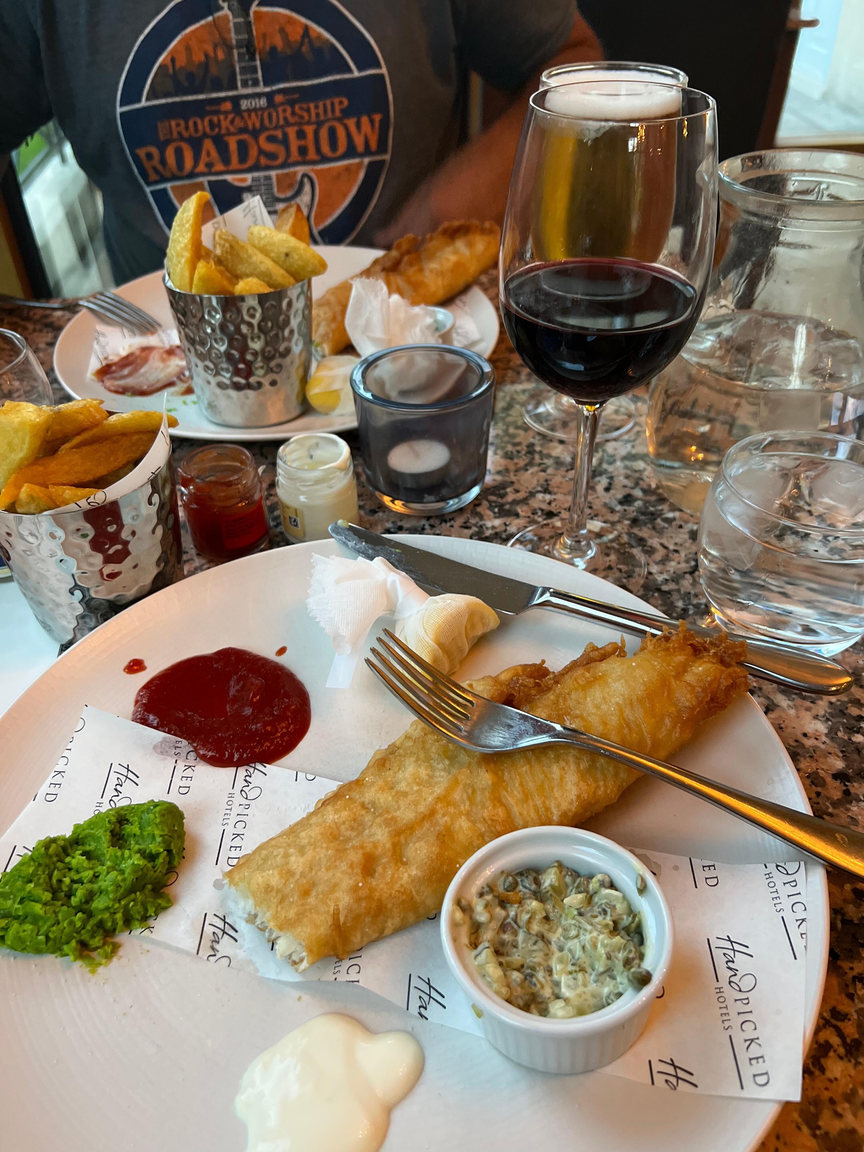 Starving!! Fish n Chips! First meal in the UK, at the on premise restaurant.