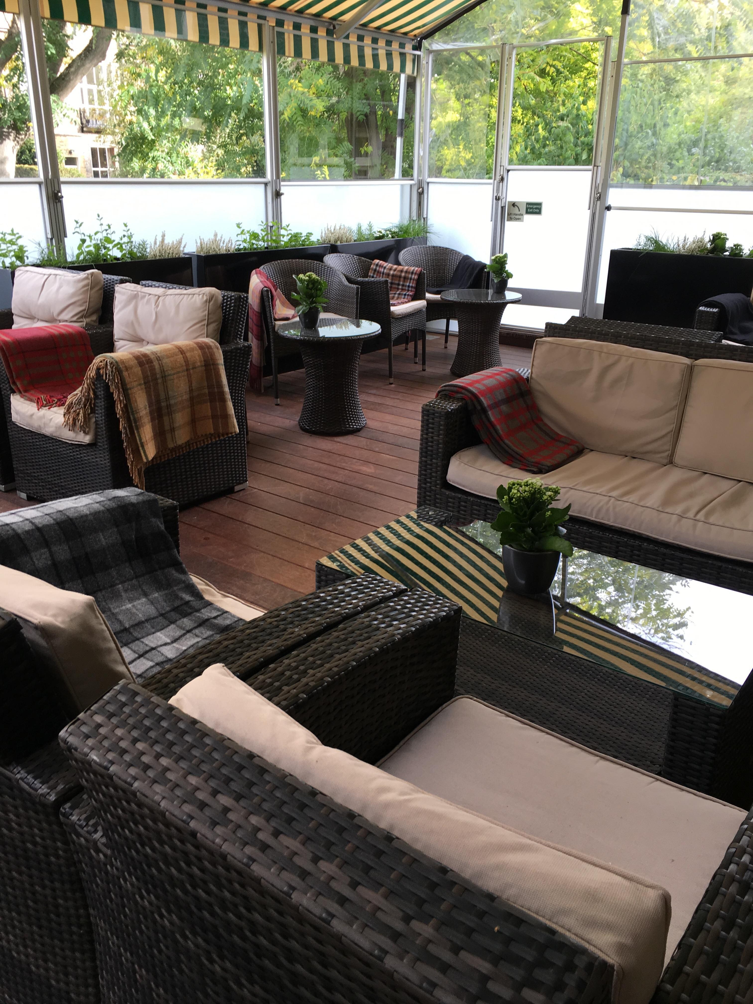 Covered porch with blankets