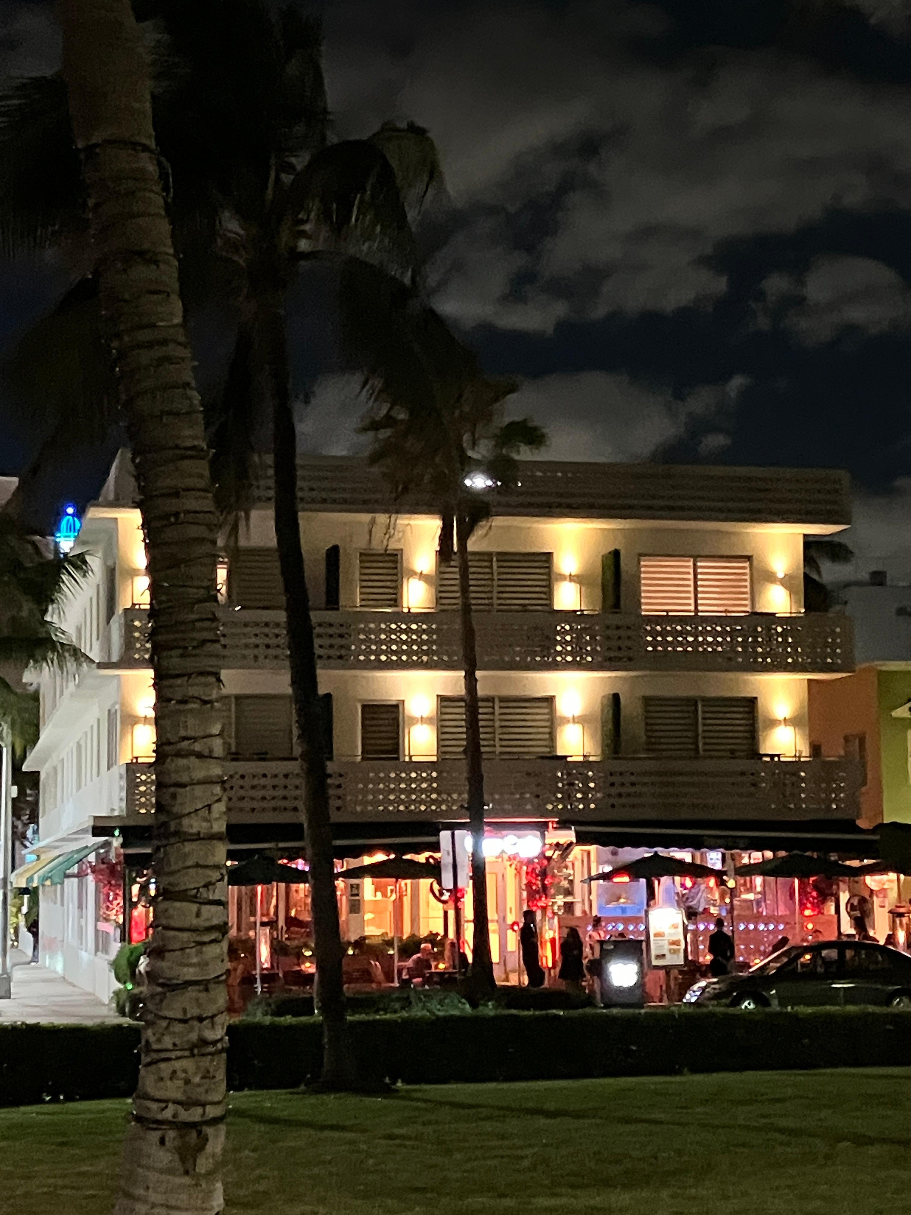 Night view of the hotel from Ocean Drive