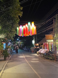 Outside, in front of Pai Village Boutique Hotel.