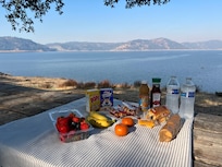 We added cranberry juice and crackers/cheese but everything else was brought to our room in a beautiful basket. Coffee in room.