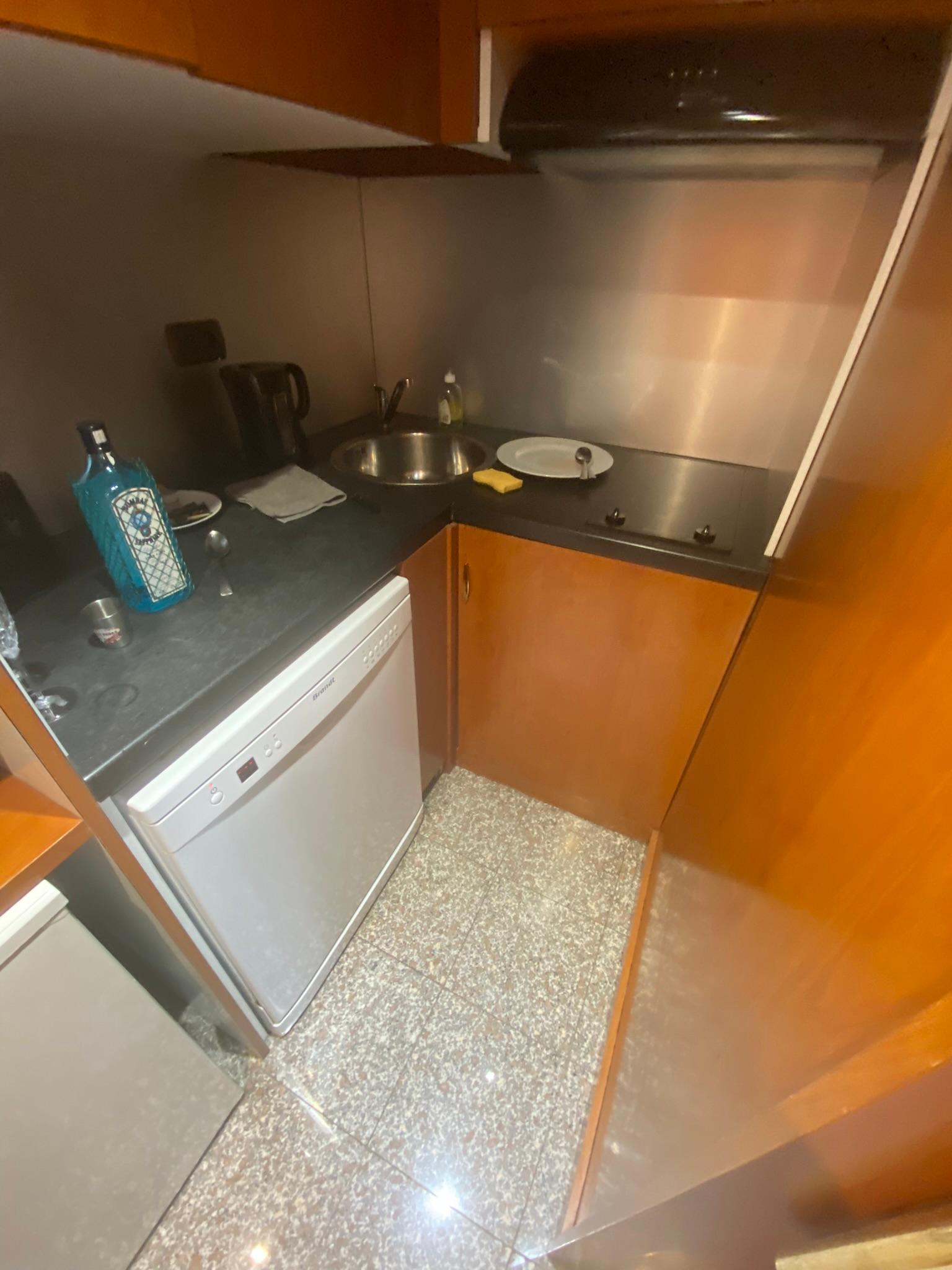 The kitchenette with no oven and the sink in the corner making hand-washing difficult.