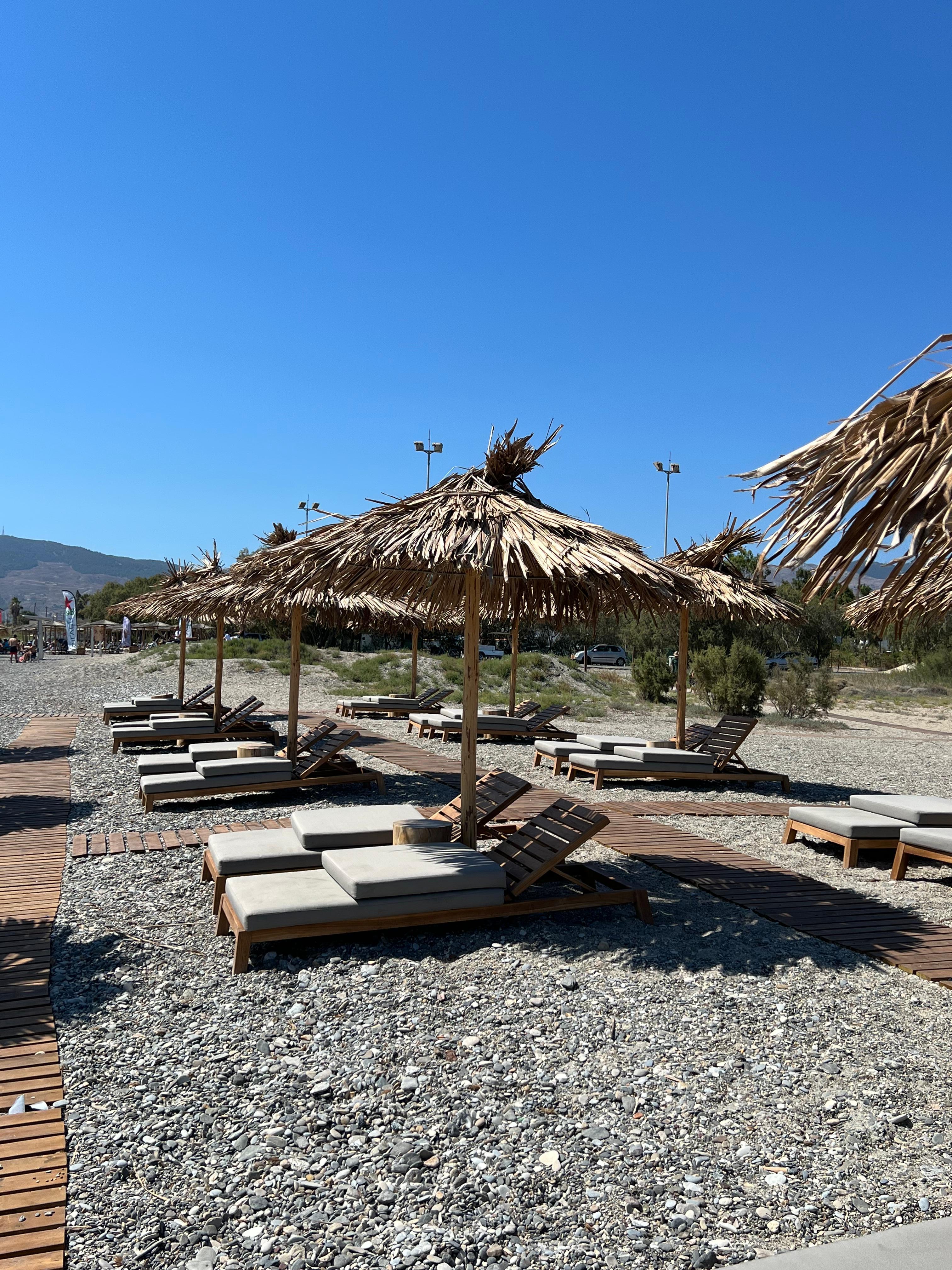 Very nice beach area with private sunbeds. Very quiet during the week, at the weekend there are a little bit more people and familys at the public beach left and right. Very good service from the beach boy!