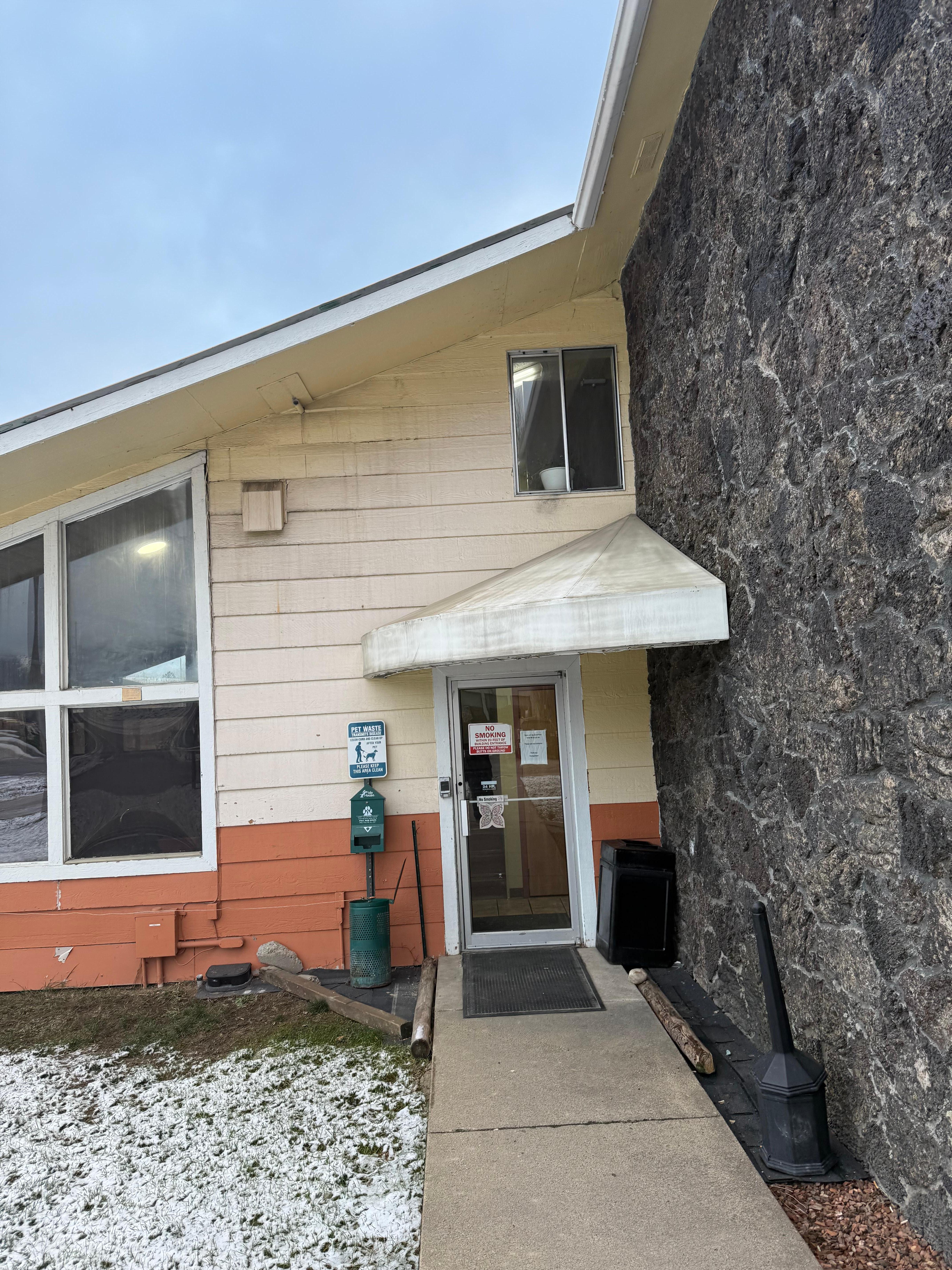 Dirt and mold on outside matched carpet on inside. Icy sidewalks, and broken missing locks. 