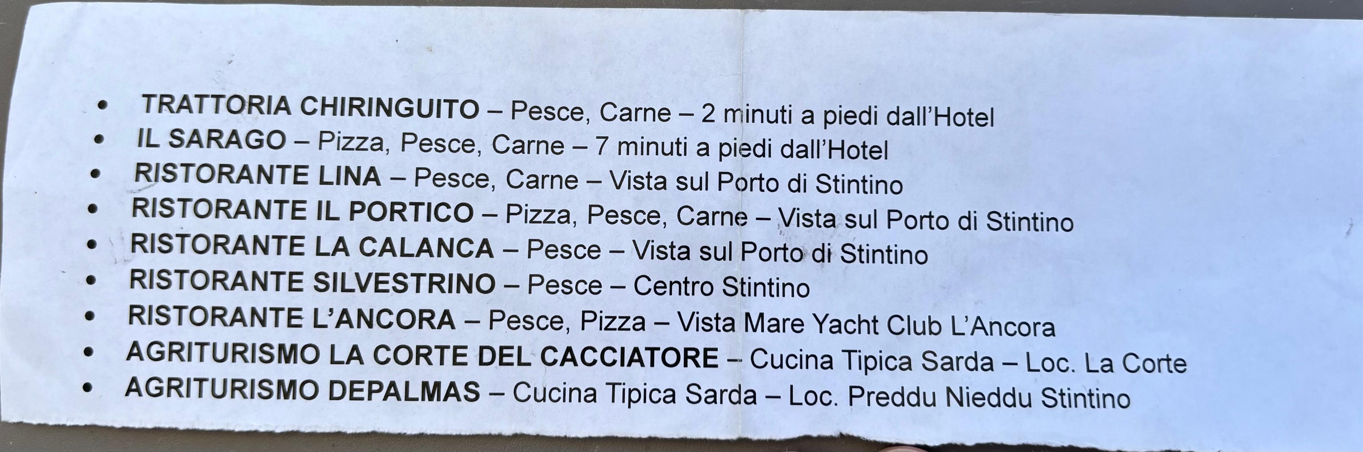 Nearest restaurant list (from the hotel)