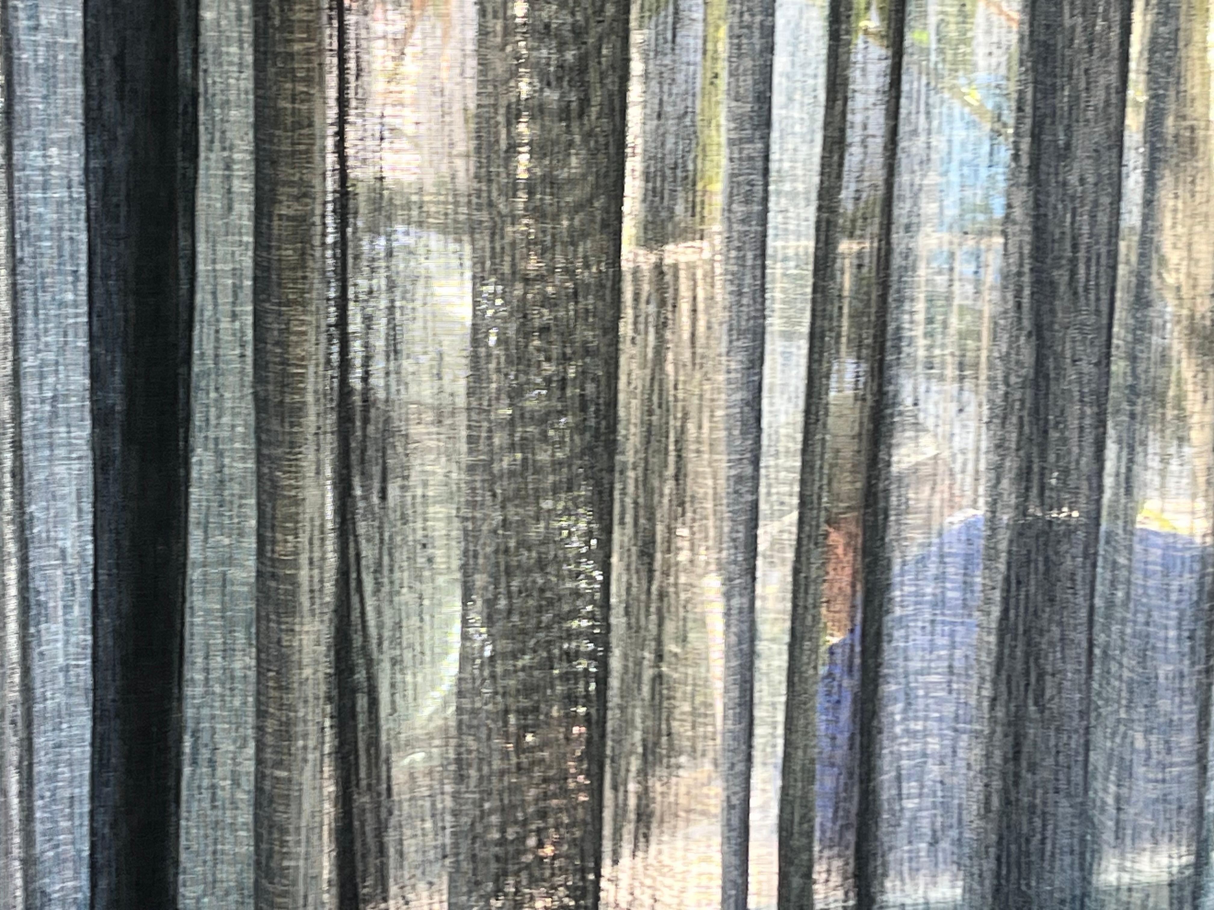 Workers outside the window sheer curtains.