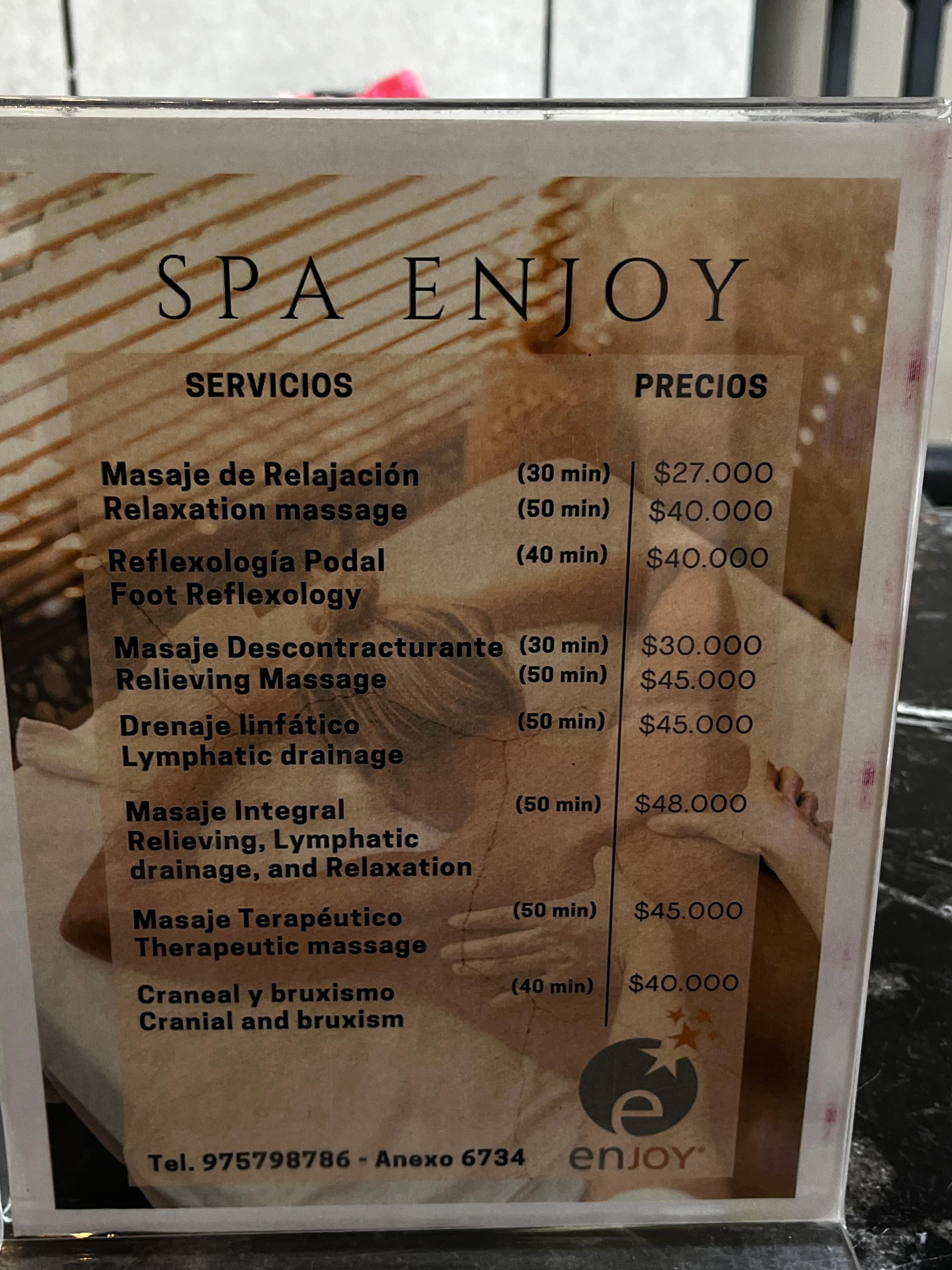 Menu do spa