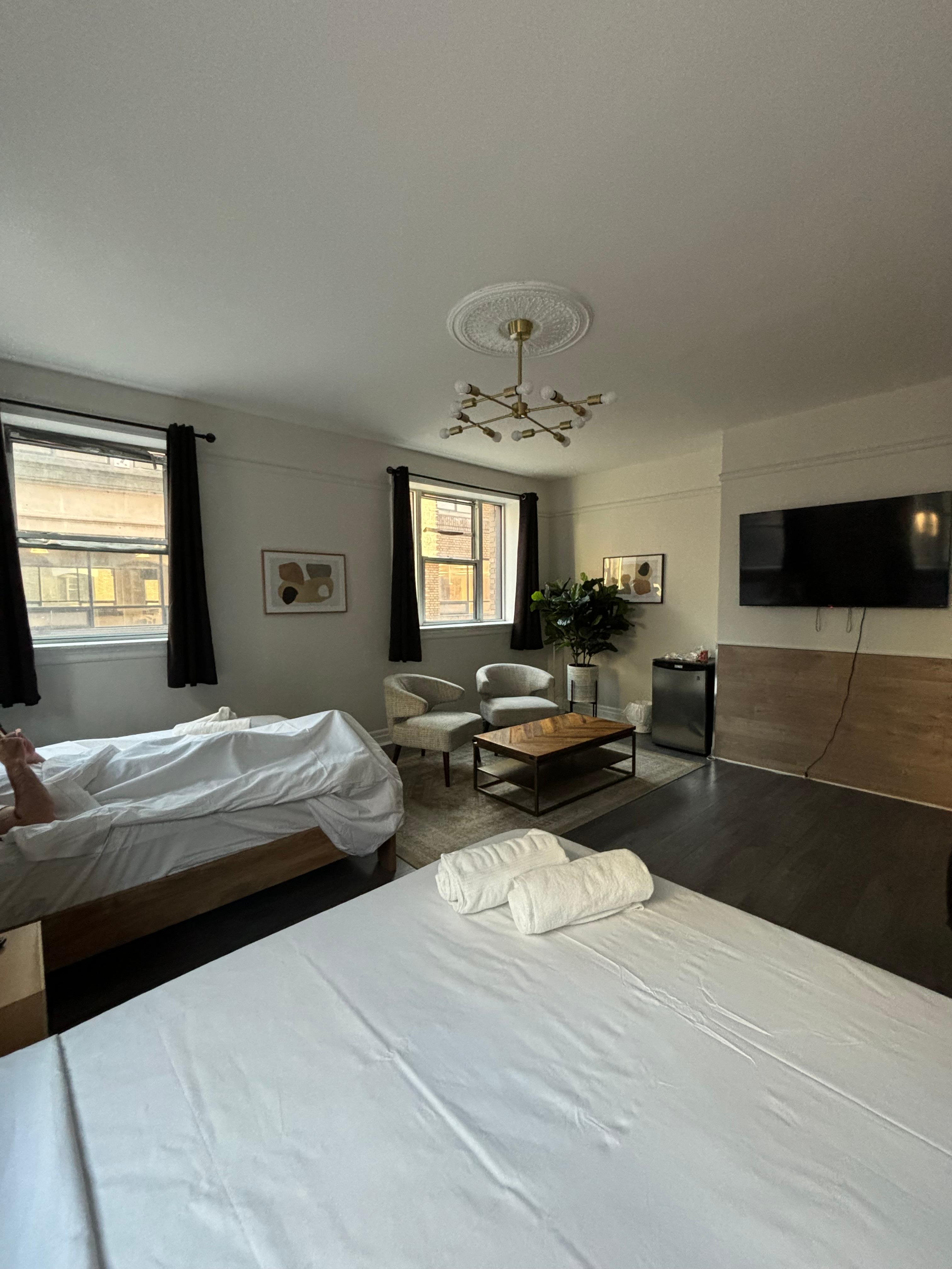 Family room is big and clean, big windows and curtains. We liked our room 