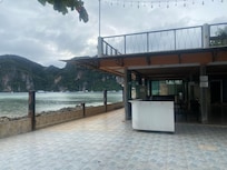 Downstairs of the restaurant is closed. Upstairs in use, and has beautiful views.