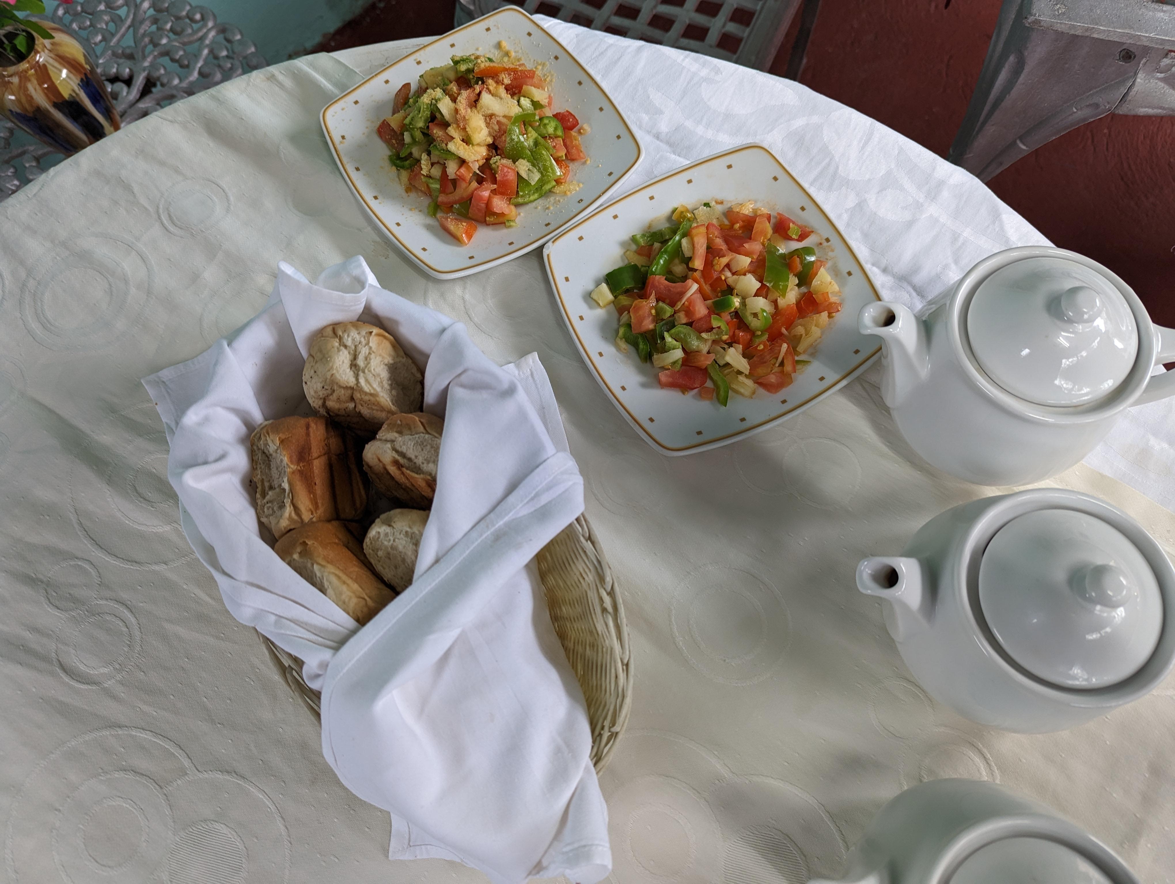 Coffee, tea, eggs, bread & butter, mixed veg. 