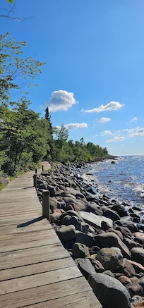 Lake walk between buildings