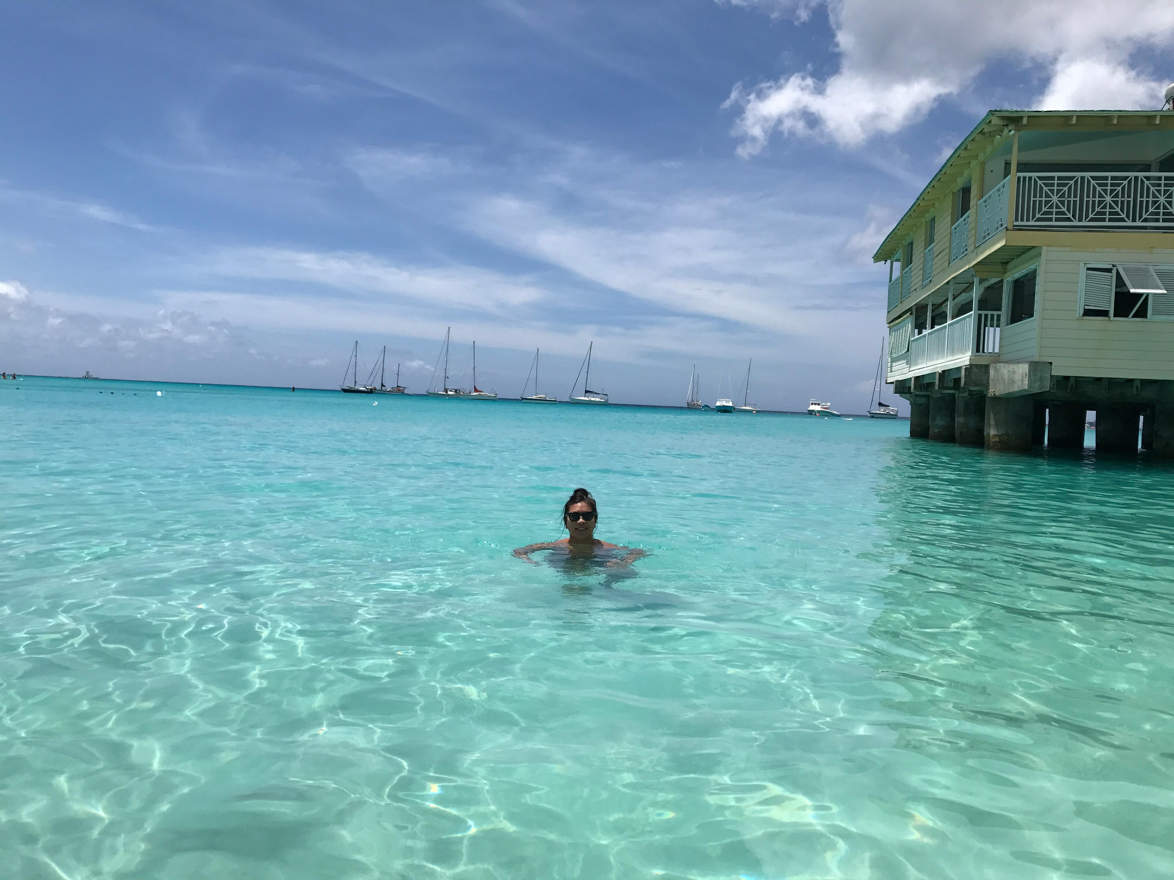 Under the palm tree.