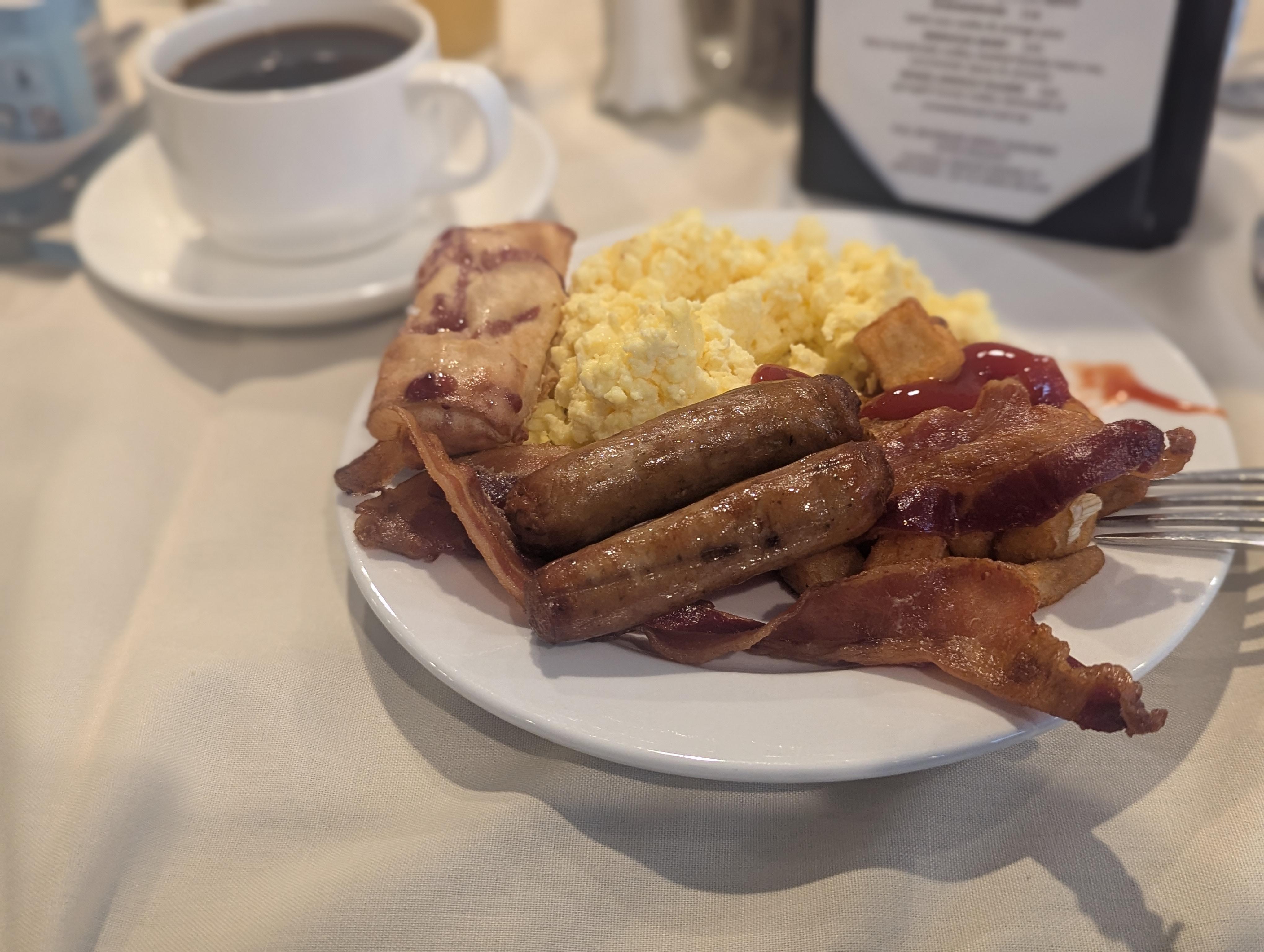 Breafast is served by menu or buffet style.  I went with buffet, where you will find familiar choices like scrambled eggs, sausage, bacon, toast, pancakes, waffles, etc.