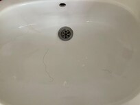 Sink of toothpaste spittle and hairs stuck to the sink.