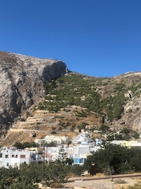 View from our balcony the amazing mountain that cradles Kamari