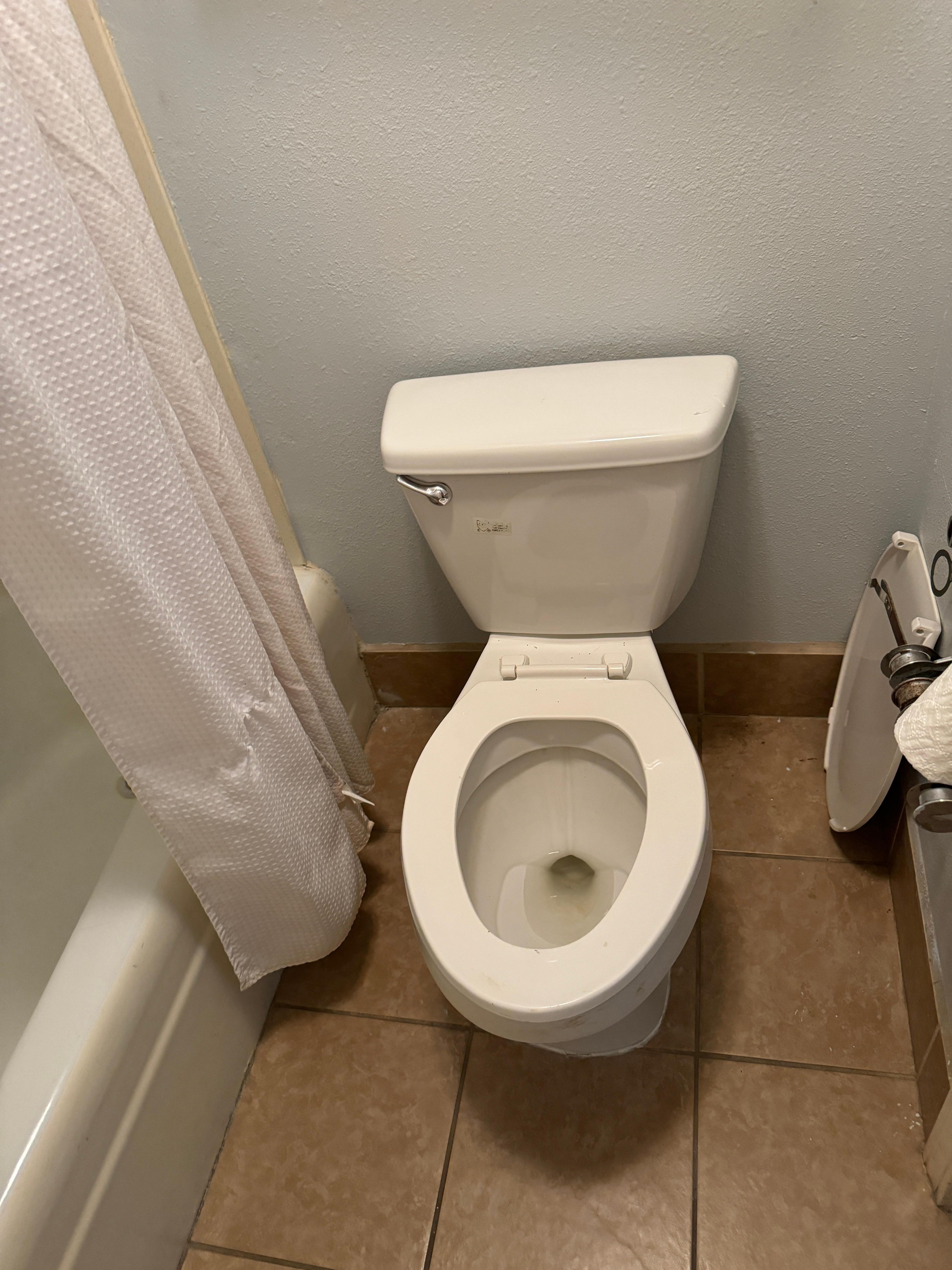 Toilet seat, cover, missing, and on the side next to the toilet