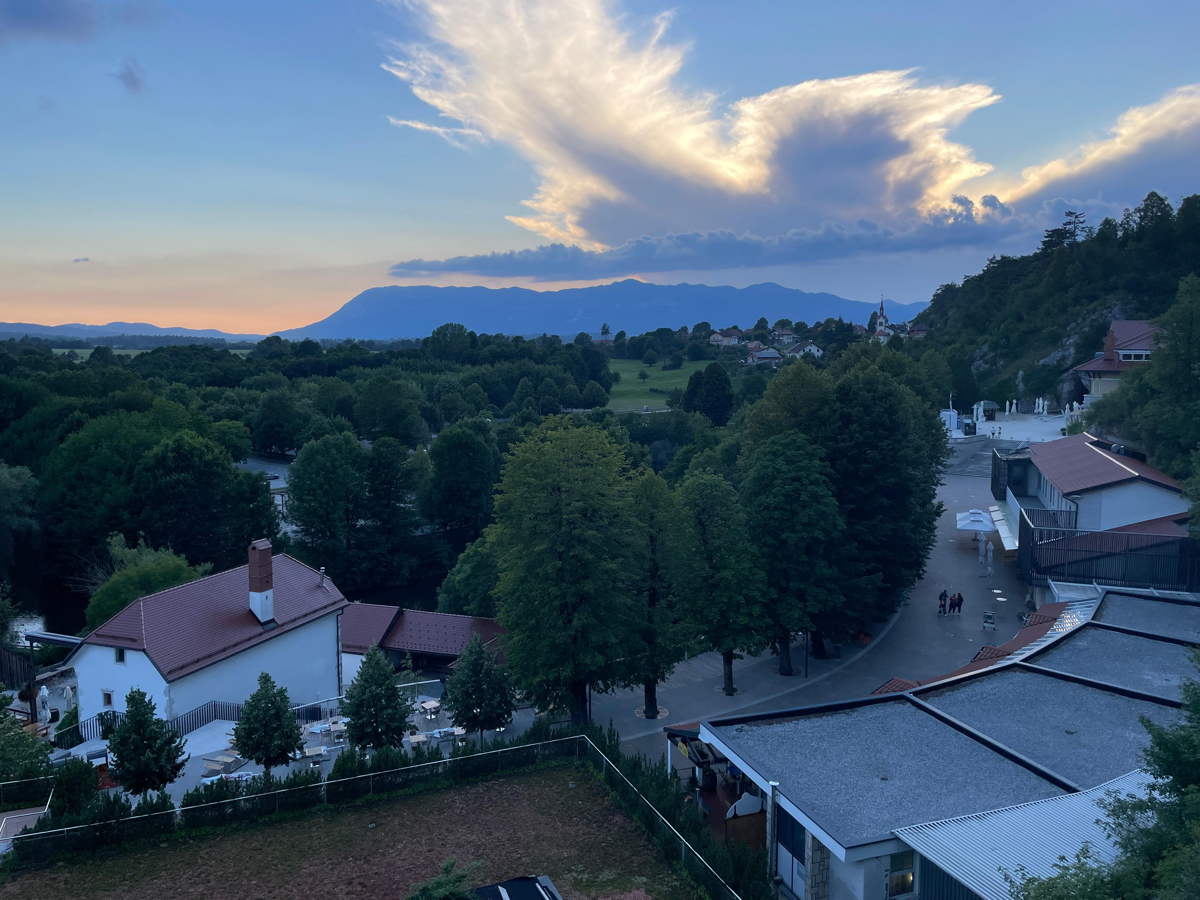 Evening view from the balcony; cave entrance on the right