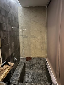The odd shower with screen that separates it from the bed