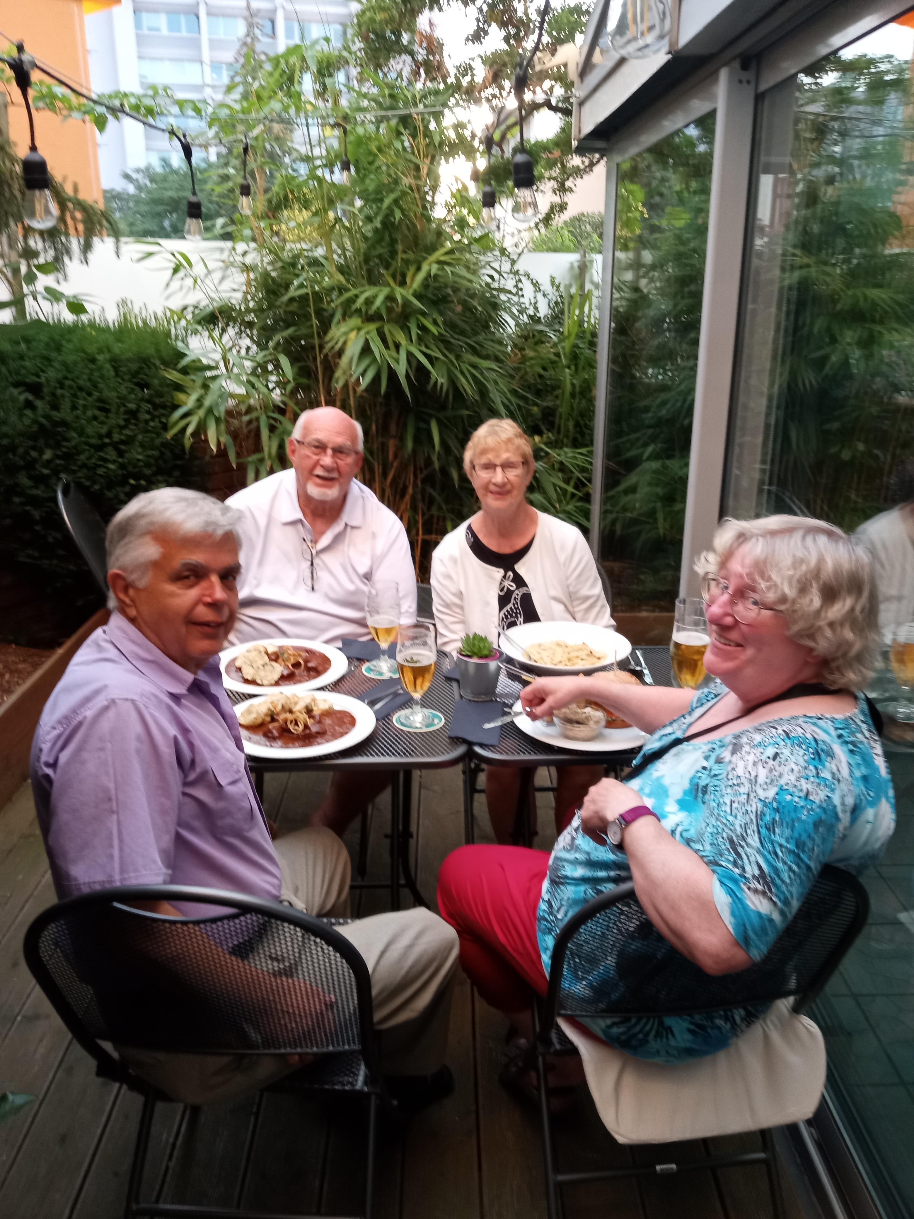 Eating goulash at the restaurant.